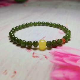 Natural Hetian Nephrite Jade Beaded Bracelet with Honey Amber & Southern Red Agate—Protection·Purification·Vitality