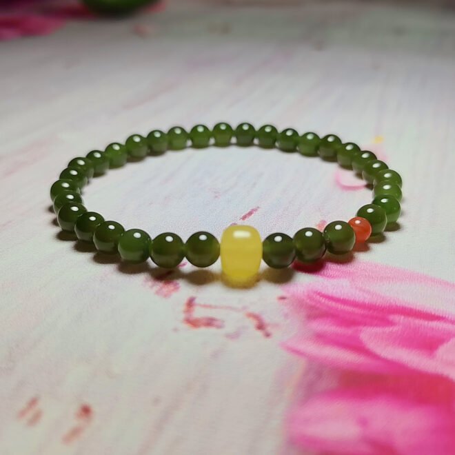 Natural Hetian Nephrite Jade Beaded Bracelet with Honey Amber & Southern Red Agate—Protection·Purification·Vitality