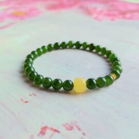 Natural Hetian Nephrite Jade Beaded Bracelet with Honey Amber & 18K Gold—Harmony ·Vitality· Prosperity
