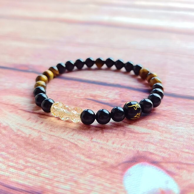 Black Tourmaline with Citrine·Tiger's Eye & Black Agate Six-Syllable Mantra Bracelet —Prosperity·Protection·Grounding