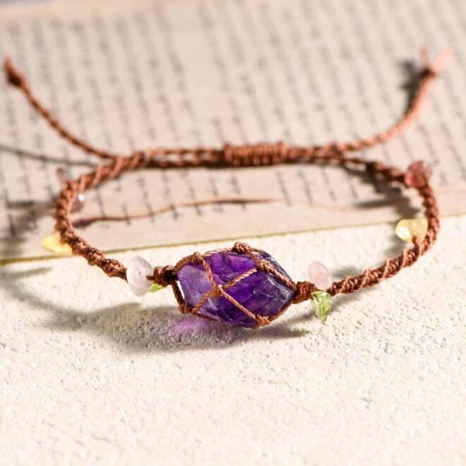 Raw Amethyst with Waxed Cord Woven Net Vintage Bracelet—Wisdom· Clarity· Harmony - Image 6