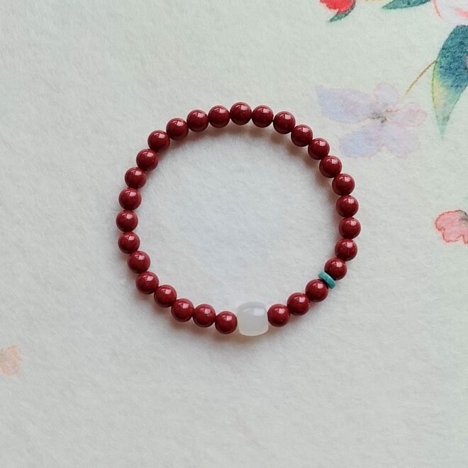 Cinnabar with Hetian White Jade  &Turquoise Talisman Bracelet—Protection· Prosperity· Harmony - Image 2