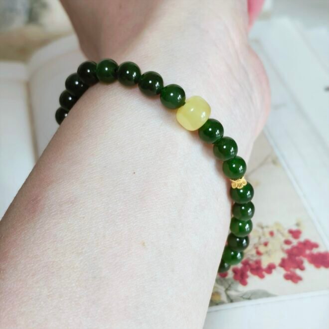 Natural Hetian Nephrite Jade Beaded Bracelet with Honey Amber & 18K Gold—Harmony ·Vitality· Prosperity - Image 6