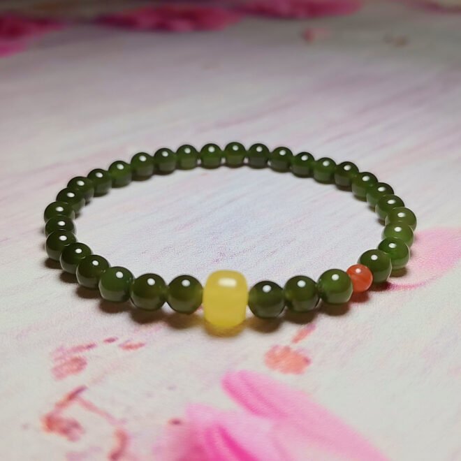 Natural Hetian Nephrite Jade Beaded Bracelet with Honey Amber & Southern Red Agate—Protection·Purification·Vitality - Image 7
