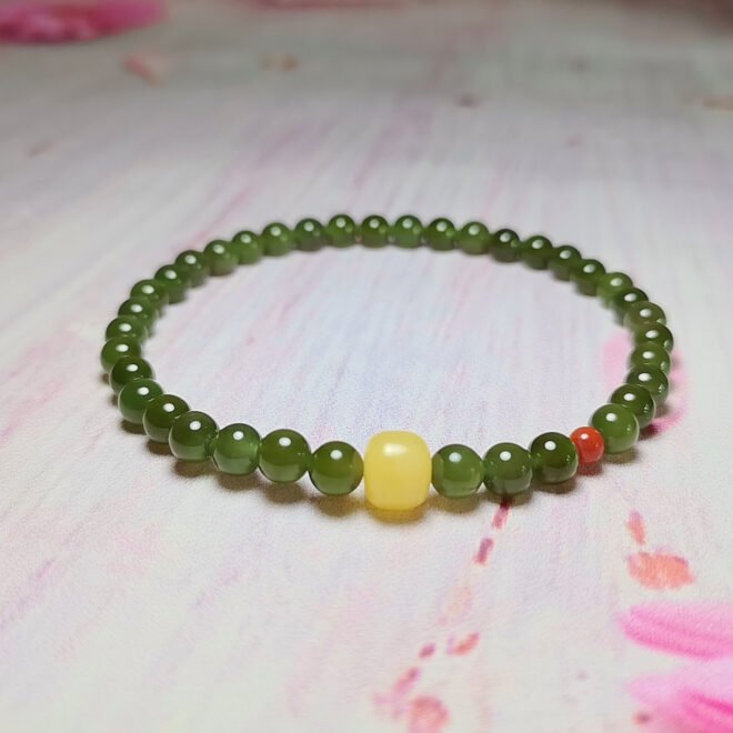 Natural Hetian Nephrite Jade Beaded Bracelet with Honey Amber & Southern Red Agate—Protection·Purification·Vitality - Image 5