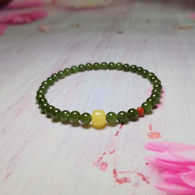 Natural Hetian Nephrite Jade Beaded Bracelet with Honey Amber & Southern Red Agate—Protection·Purification·Vitality - Image 4