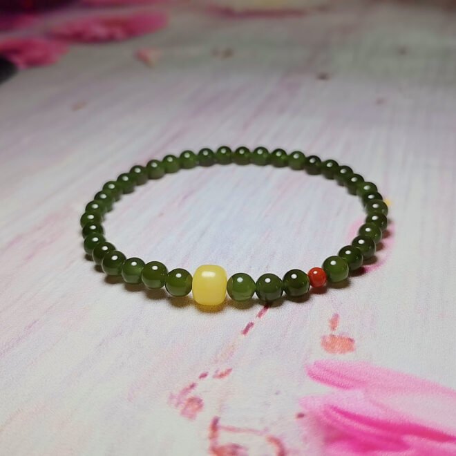 Natural Hetian Nephrite Jade Beaded Bracelet with Honey Amber & Southern Red Agate—Protection·Purification·Vitality - Image 3