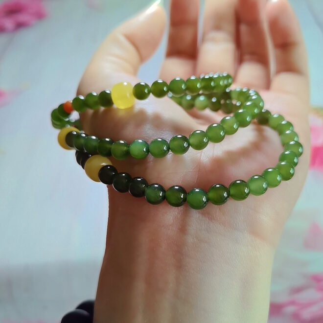 Natural Hetian Nephrite Jade Beaded Bracelet with Honey Amber & Southern Red Agate—Protection·Purification·Vitality - Image 2