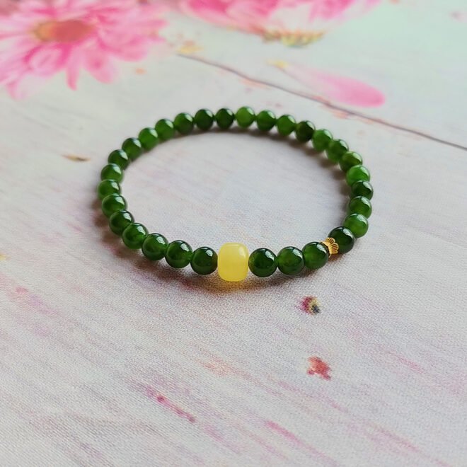 Natural Hetian Nephrite Jade Beaded Bracelet with Honey Amber & 18K Gold—Harmony ·Vitality· Prosperity - Image 5