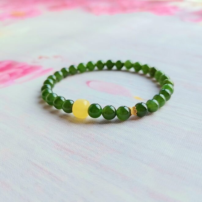 Natural Hetian Nephrite Jade Beaded Bracelet with Honey Amber & 18K Gold—Harmony ·Vitality· Prosperity - Image 4