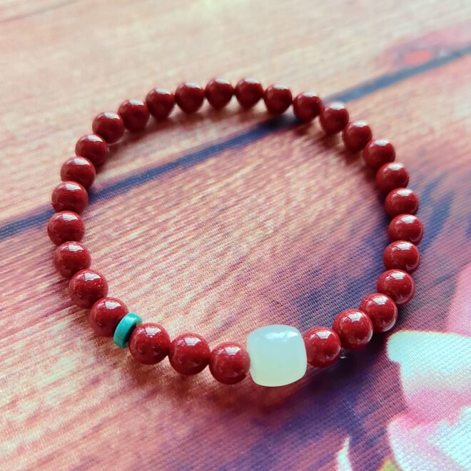 Cinnabar with Hetian White Jade  &Turquoise Talisman Bracelet—Protection· Prosperity· Harmony - Image 6