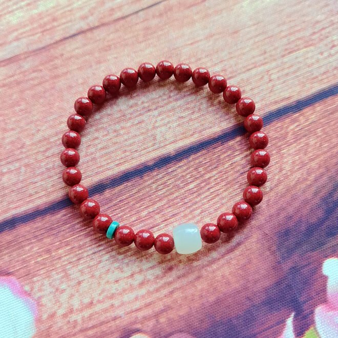 Cinnabar with Hetian White Jade  &Turquoise Talisman Bracelet—Protection· Prosperity· Harmony - Image 4