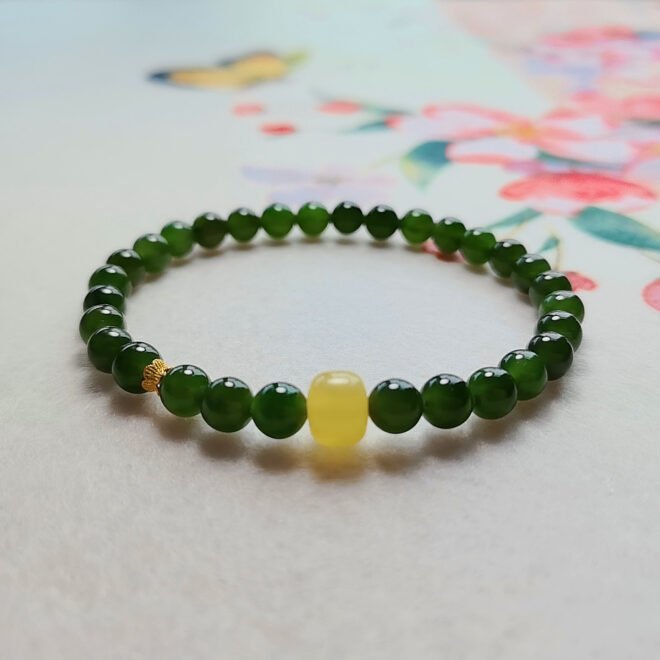 Natural Hetian Nephrite Jade Beaded Bracelet with Honey Amber & 18K Gold—Harmony ·Vitality· Prosperity - Image 3
