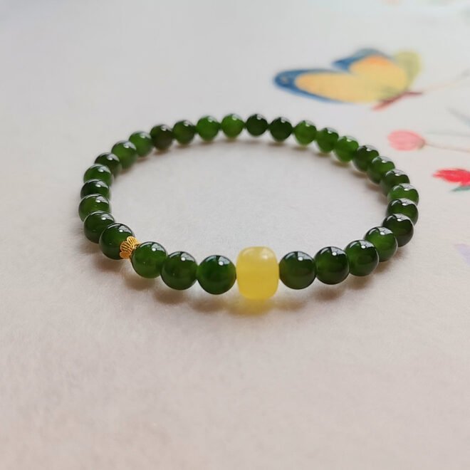 Natural Hetian Nephrite Jade Beaded Bracelet with Honey Amber & 18K Gold—Harmony ·Vitality· Prosperity - Image 2