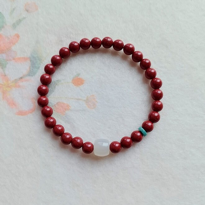 Cinnabar with Hetian White Jade  &Turquoise Talisman Bracelet—Protection· Prosperity· Harmony - Image 3