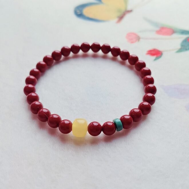 Cinnabar with Amber & Turquoise Bracelet—Protection·Vitality·Harmony - Image 4