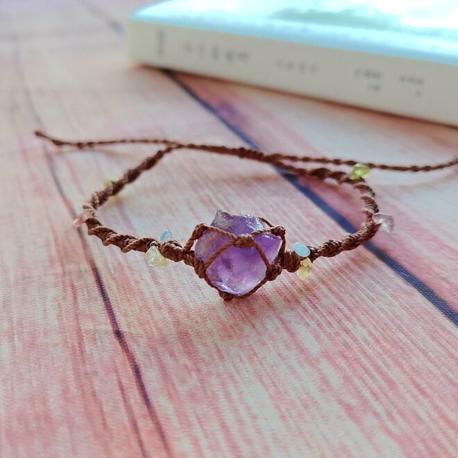 Raw Amethyst with Waxed Cord Woven Net Vintage Bracelet—Wisdom· Clarity· Harmony - Image 5