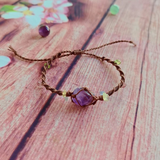 Raw Amethyst with Waxed Cord Woven Net Vintage Bracelet—Wisdom· Clarity· Harmony - Image 4