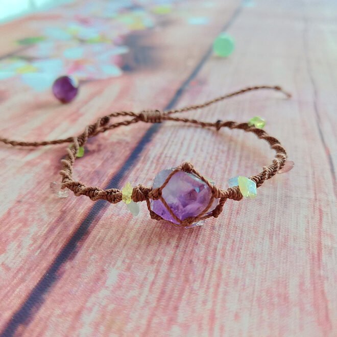 Raw Amethyst with Waxed Cord Woven Net Vintage Bracelet—Wisdom· Clarity· Harmony - Image 3