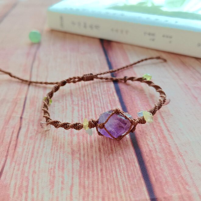 Raw Amethyst with Waxed Cord Woven Net Vintage Bracelet—Wisdom· Clarity· Harmony - Image 2